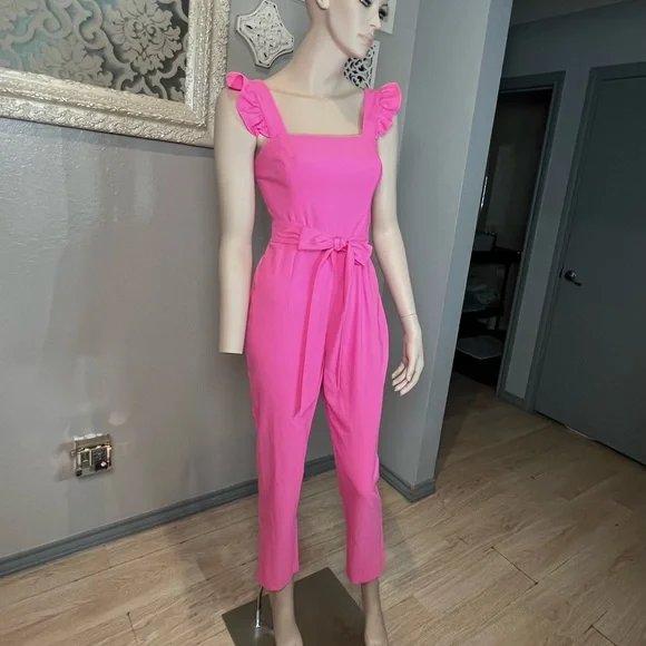 Lilly Pulitzer Women's Pink Ruffle-Shoulder Jumpsuit with Waist Tie - Picture 6 of 11